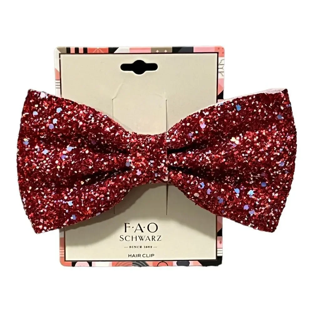 FAO Schwarz Girls Red Sparkle Glitter Bow Hair Clip New